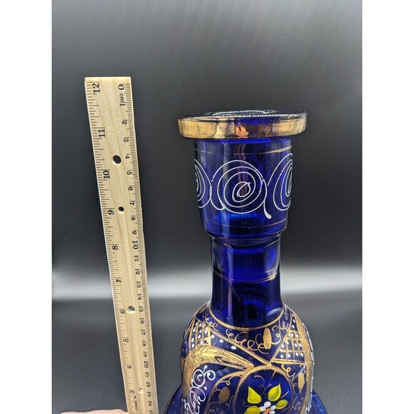 Vintage Persian Cobalt Blue Glass Decanter Vase 11.5 " Handpainted EUC - Picture 7 of 7